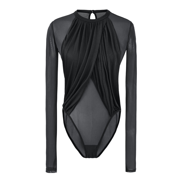Women's Draped Mesh Bodysuit with Gathered Front