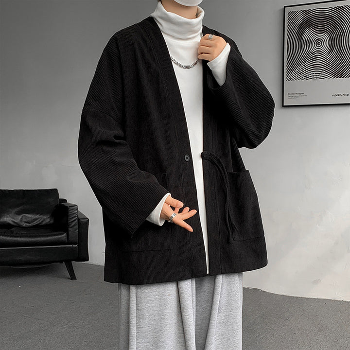 Men's oversized cord kimono cardigan with drawstring, patch pockets and drop sleeves Mune Fashion