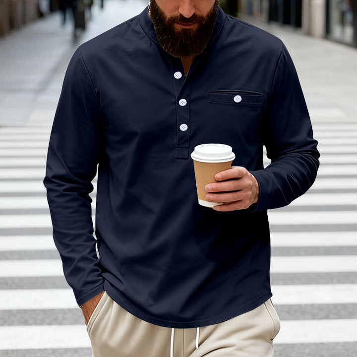 Men's long-sleeved Henley shirt with stand-up collar, breast pocket, and decorative button placket Mune Fashion