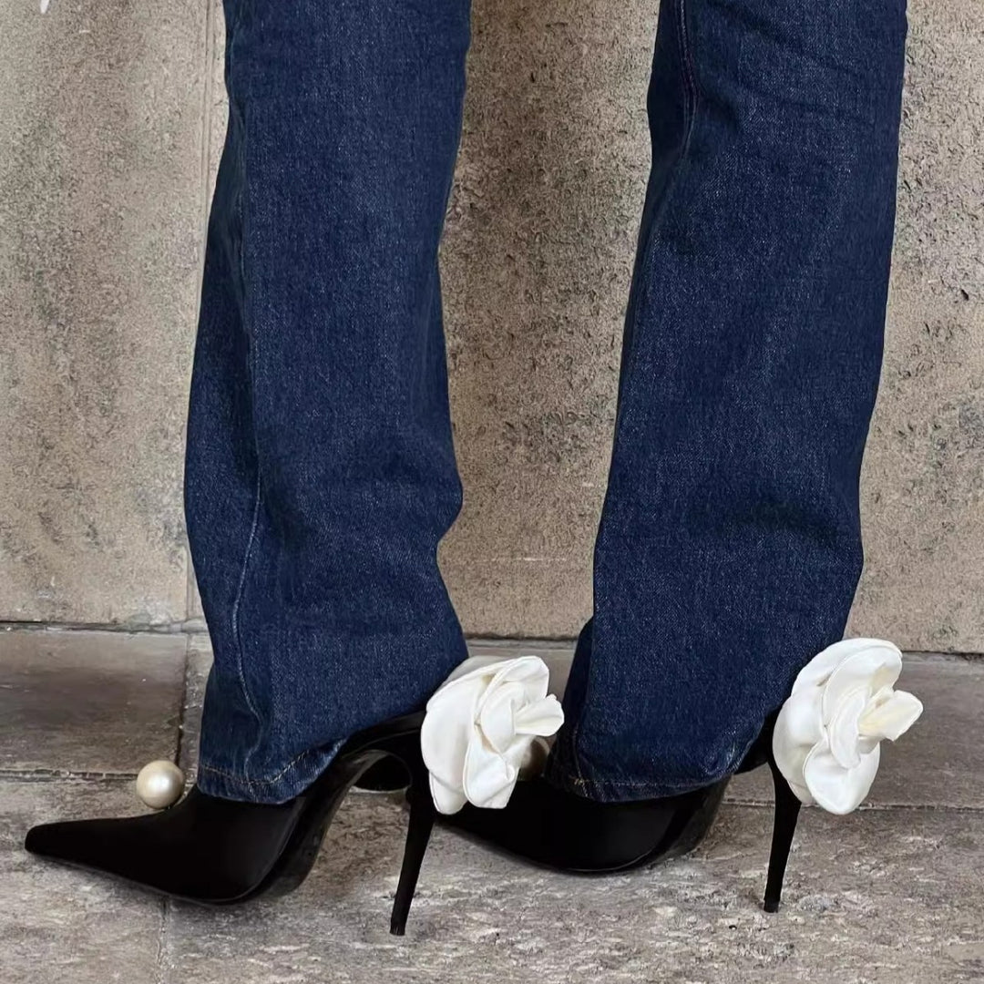 Women's pointed toe mules with decorative pearl, ruffled heel strap, and lace-up strap Mune Fashion