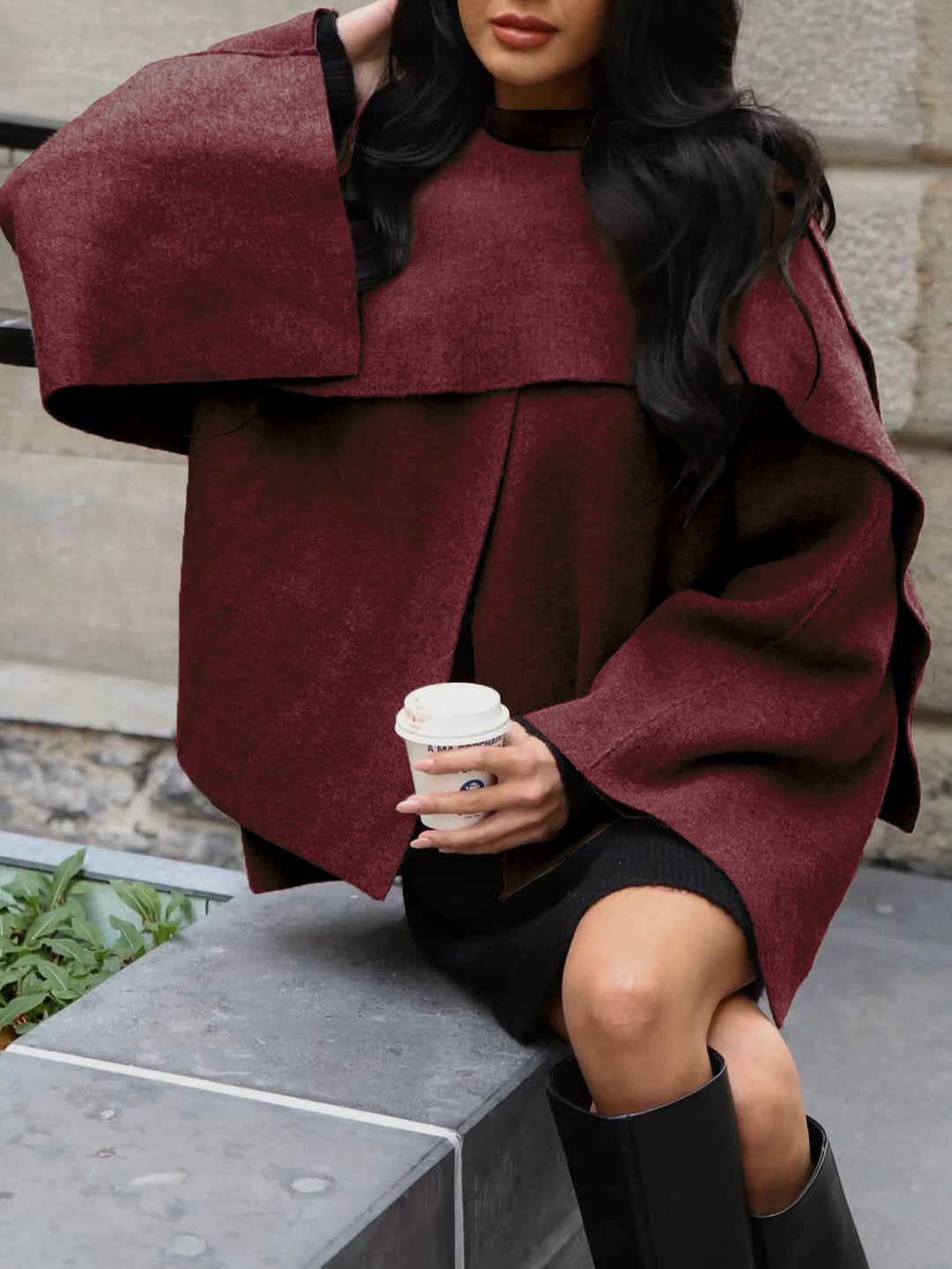 Women's Short Cape Jacket in Layered Look made of Wool Blend with Wide Batwing Sleeve Mune Fashion