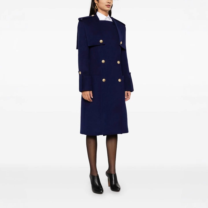 Women's Double-Breasted Coat with Cape Insert, Epaulettes and Decorative Straps Mune Fashion