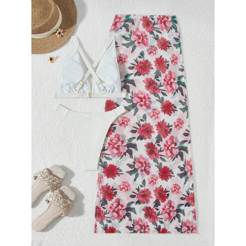 Ladies Two-Piece Bikini Set with Floral Print and Wrap Skirt Mune Fashion