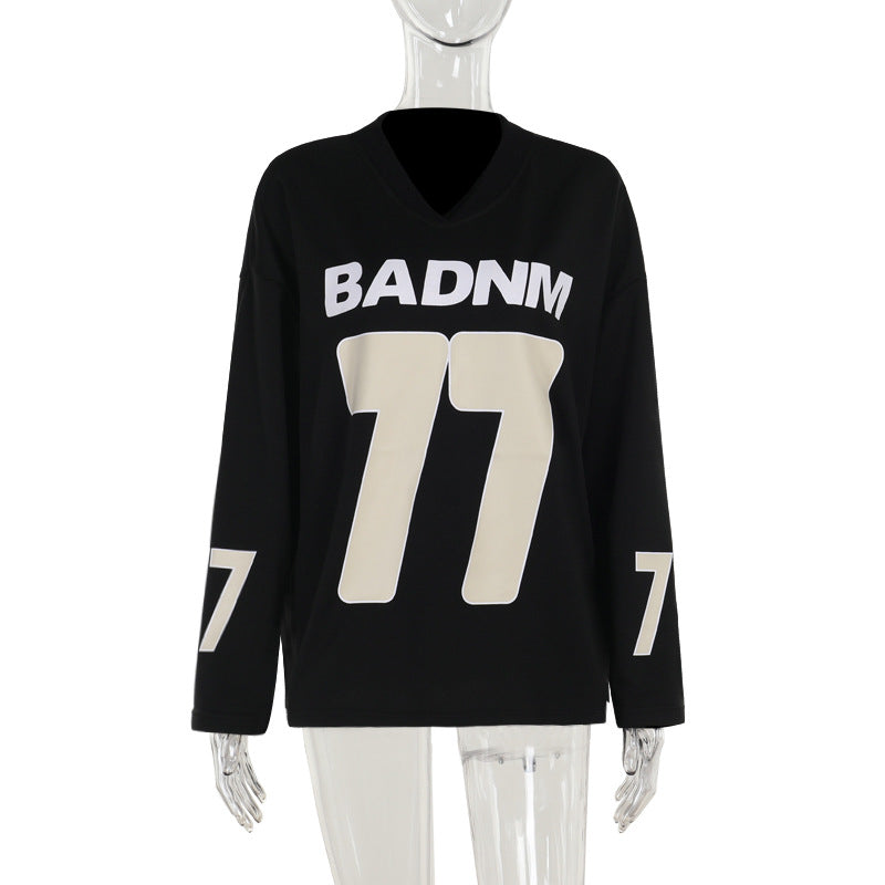 Damen Oversize Sport-Sweatshirt mit V-Ausschnitt und Statement-Print Mune Fashion