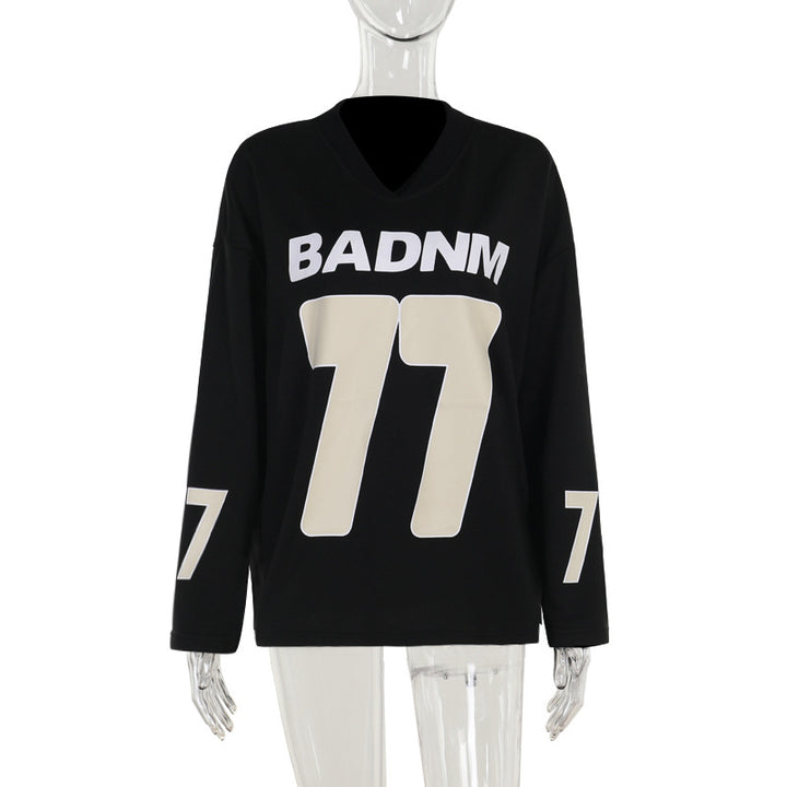 Damen Oversize Sport-Sweatshirt mit V-Ausschnitt und Statement-Print Mune Fashion
