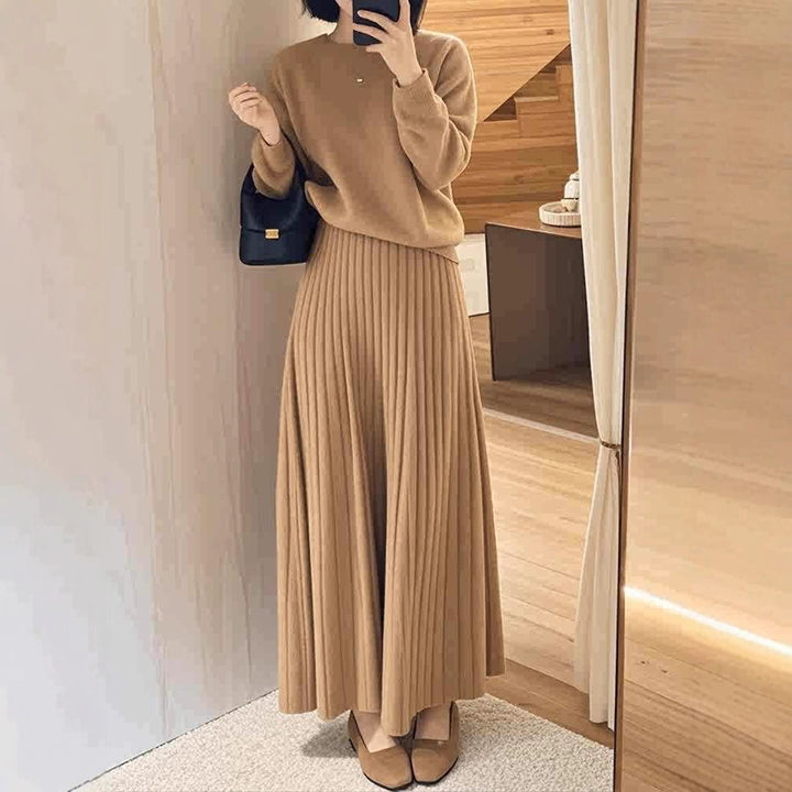 Women Oversize Knit Sweater and Pleated Maxi Skirt Set Mune Fashion