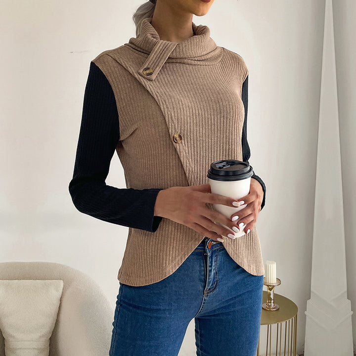 Ladies Asymmetric Ribbed Knit Layering Top with Roll Neck and Decorative Button Placket Mune Fashion