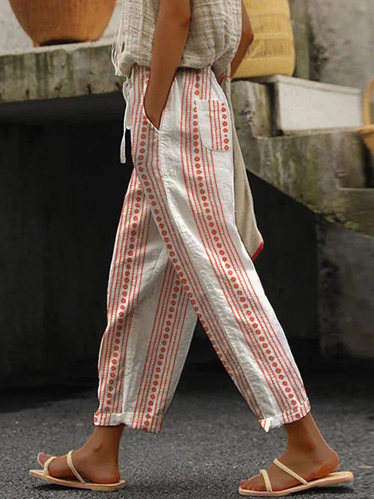 Women's Wide Linen Pants with Striped Pattern Mune Fashion