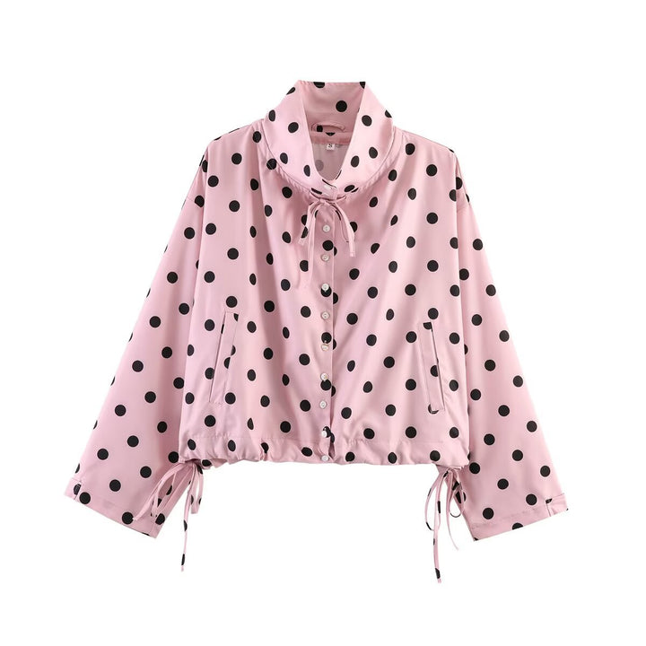 Women Polka Dot Cropped Blouse Jacket with High Tunnel Neck Collar and Drawstring Waist Mune Fashion