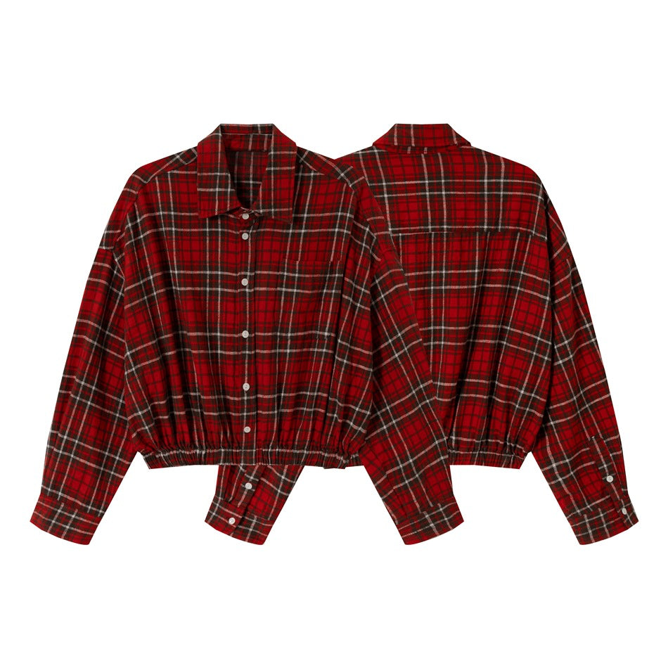 Women's Short Cut Oversized Shirt Jacket in Check Flannel with Elastic Hem Mune Fashion