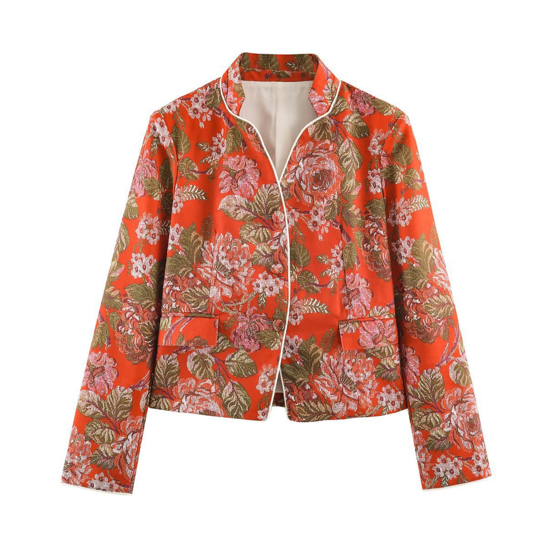 Women's short blazer in brocade jacquard with stand-up collar and piping Mune Fashion