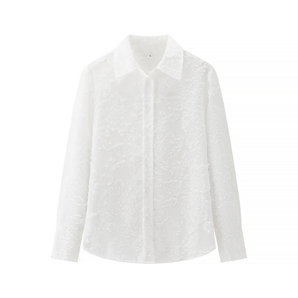 Women's sheer floral Jacquard blouse with shirt collar and full button placket Mune Fashion