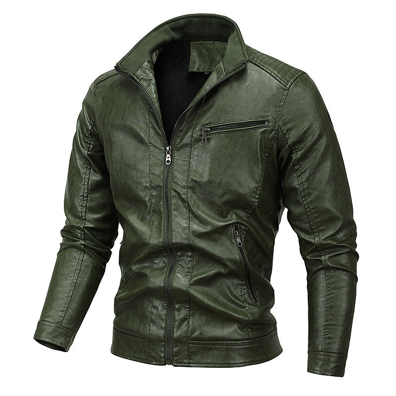Men's faux leather moto jacket with stand-up collar, distinctive quilted design, and zip pockets Mune Fashion