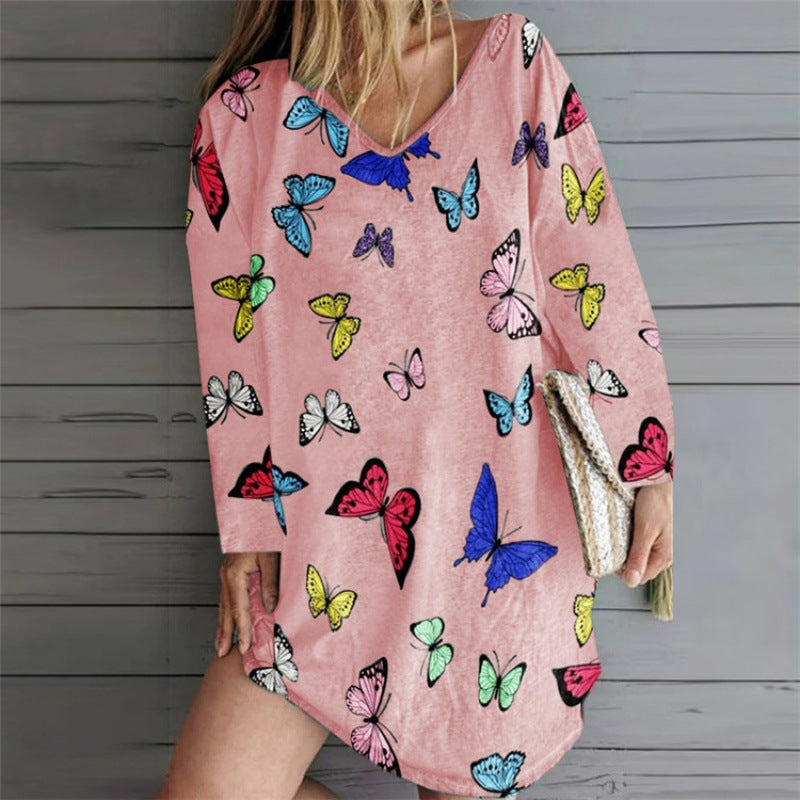 Women Oversize Tunic Dress with V-Neck and Butterfly Print Mune Fashion