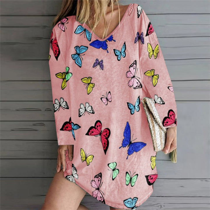 Women Oversize Tunic Dress with V-Neck and Butterfly Print Mune Fashion