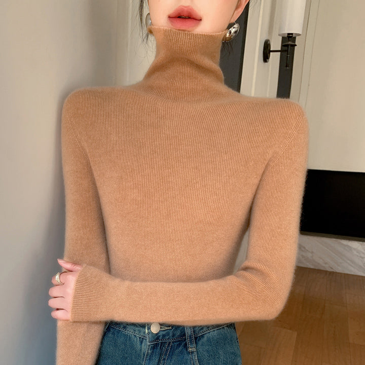 Women Slim Fine Knit Sweater with High Roll Neck and Fine Rib Structure Mune Fashion