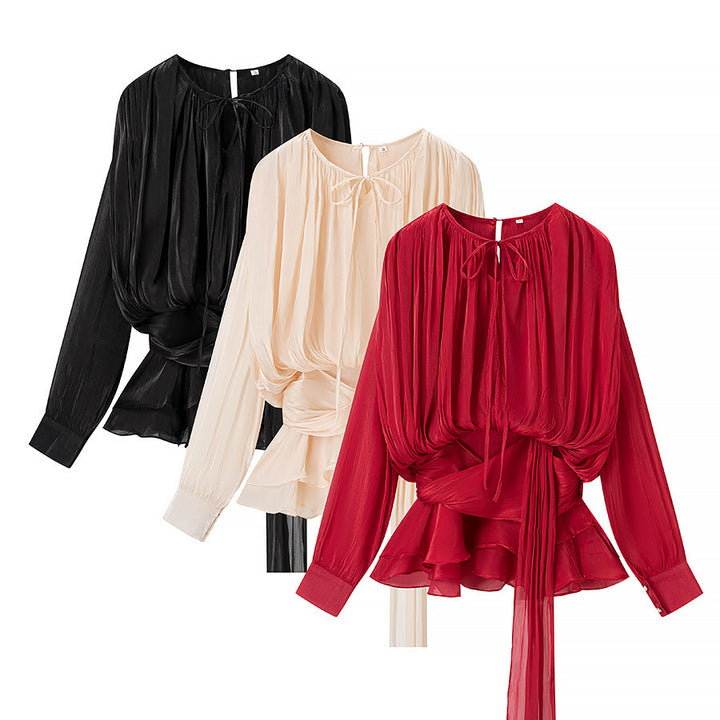 Women's chiffon blouse with draped corset look, ruffled peplum and tie belt Mune Fashion