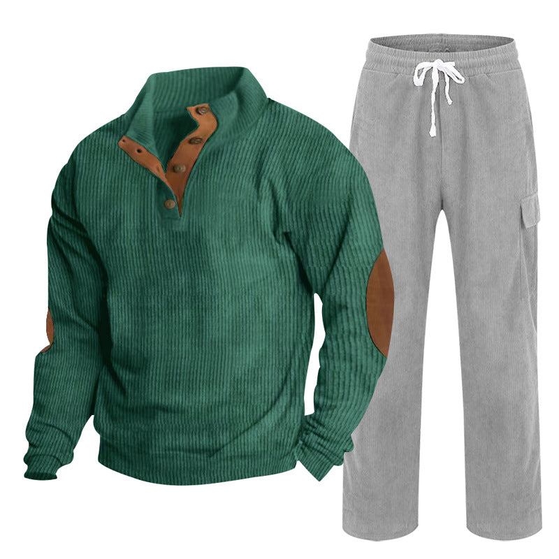 Men's Cozy Leisure Set made of Waffle Knit Henley with Elbow Patch and Relax Cargo Pants Mune Fashion