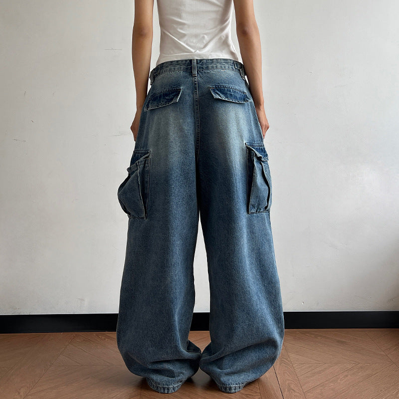 Women's Ultra Wide Palazzodenim Cargo Pants with Drop Crotch and Oversized Flap Pockets Mune Fashion