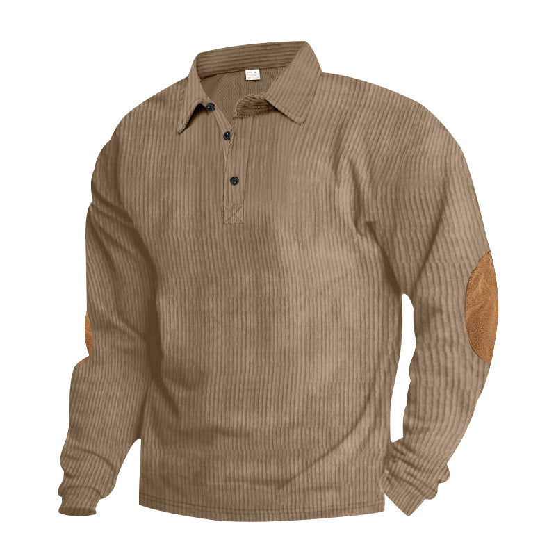 Men's heavy ribbed cotton polo sweater with Kent collar, triple button placket, and suede elbow patches Mune Fashion