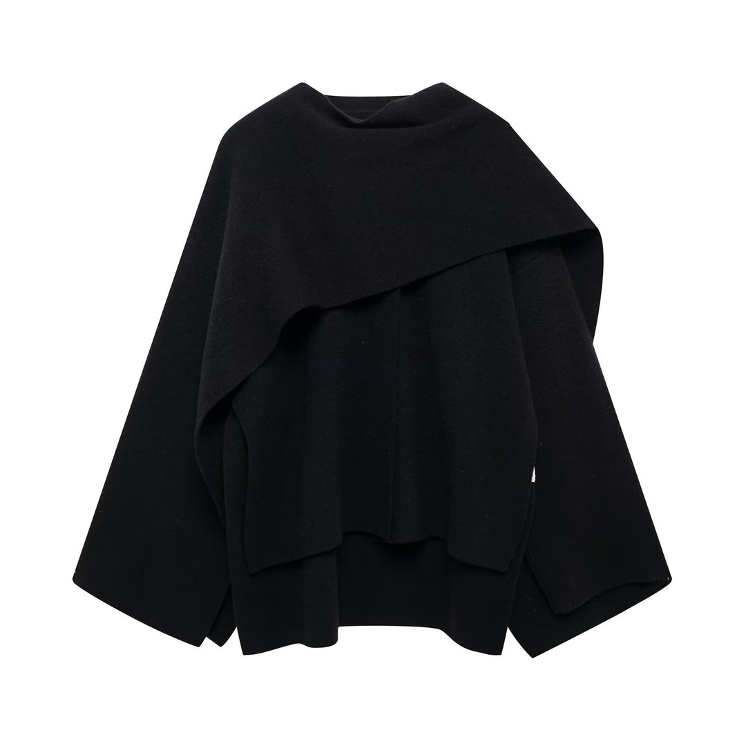 Ladies two-layer knit poncho with asymmetric hem and decorative button collar Mune Fashion