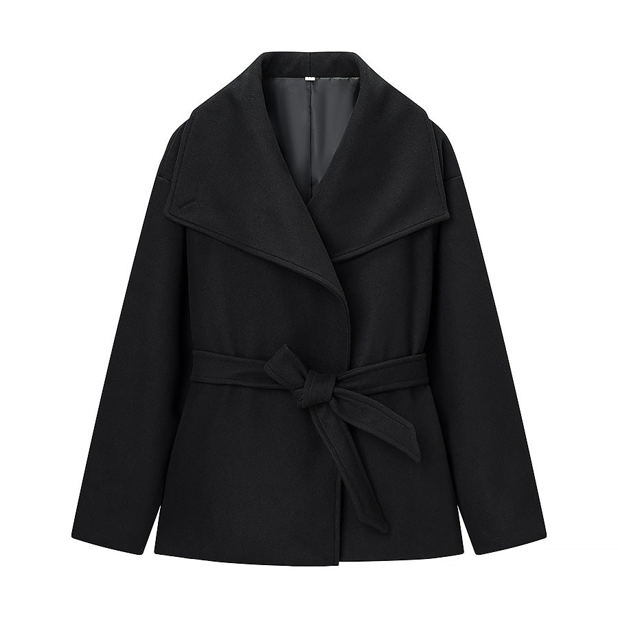 Women's Short Wool Blend Coat with Wide Shawl Collar and Waist Belt Mune Fashion