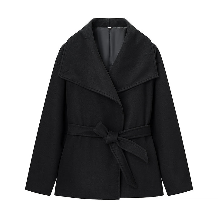 Women's Short Wool Blend Coat with Wide Shawl Collar and Waist Belt Mune Fashion