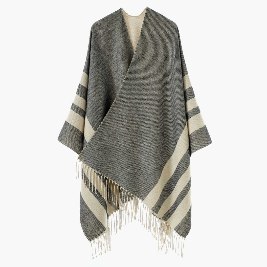 Women Reversible Knitted Cape-Poncho with Fringes and Contrasting Stripes Mune Fashion