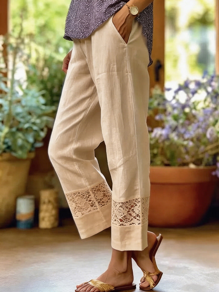 Women's Linen Look Culotte Pants with Lace Insert at Hem and Side Pockets Mune Fashion