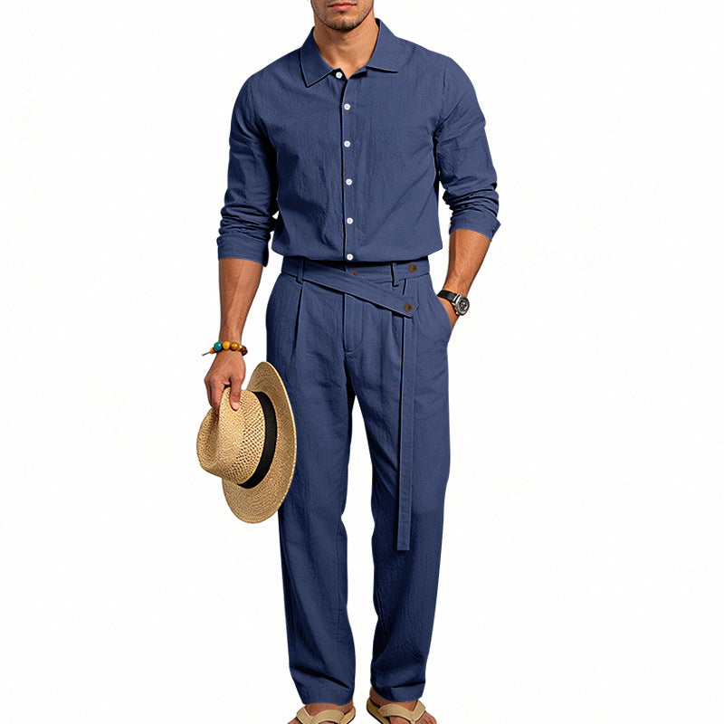 Men's elegant linen two-piece set with shirt and high-waisted pants with tie belt Mune Fashion