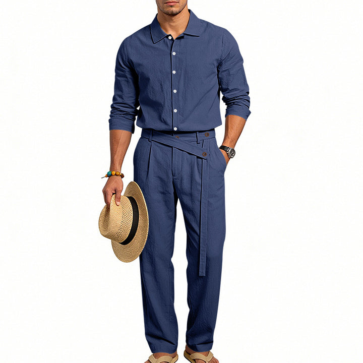 Men's elegant linen two-piece set with shirt and high-waisted pants with tie belt Mune Fashion