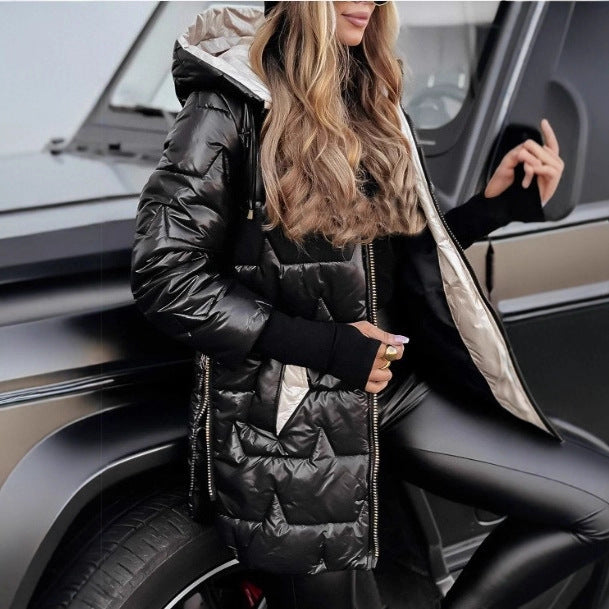 Women's Long Cut Padded Coat with Hood and Side Zippers Mune Fashion
