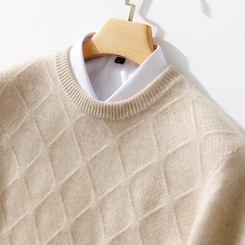Men's Structured Diamond Knit Sweater with Crew Neck and Cashmere-like Softness Mune Fashion