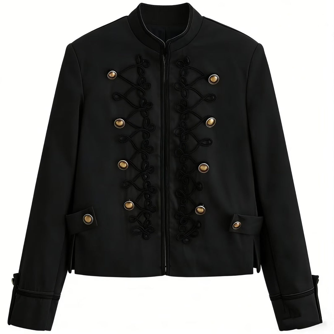 Women's Short Military-Style Jacket with Stand-Up Collar and Decorative Cord Mune Fashion