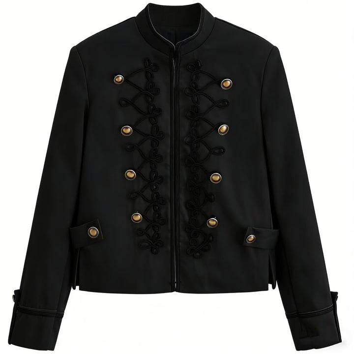 Women's Short Military-Style Jacket with Stand-Up Collar and Decorative Cord Mune Fashion