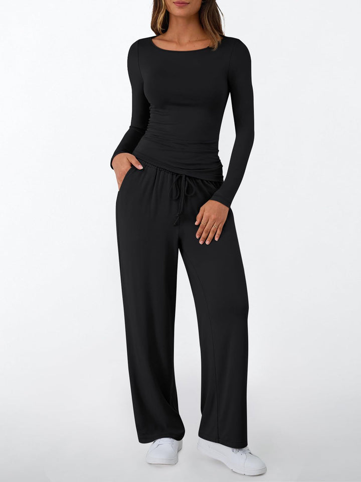 Women's Fitted Long Sleeve Shirt and Palazzo Jersey Pants Loungewear Set Mune Fashion