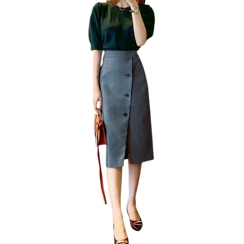 Women's Elegant Midi Skirt with Button Detail and Waist Belt Mune Fashion
