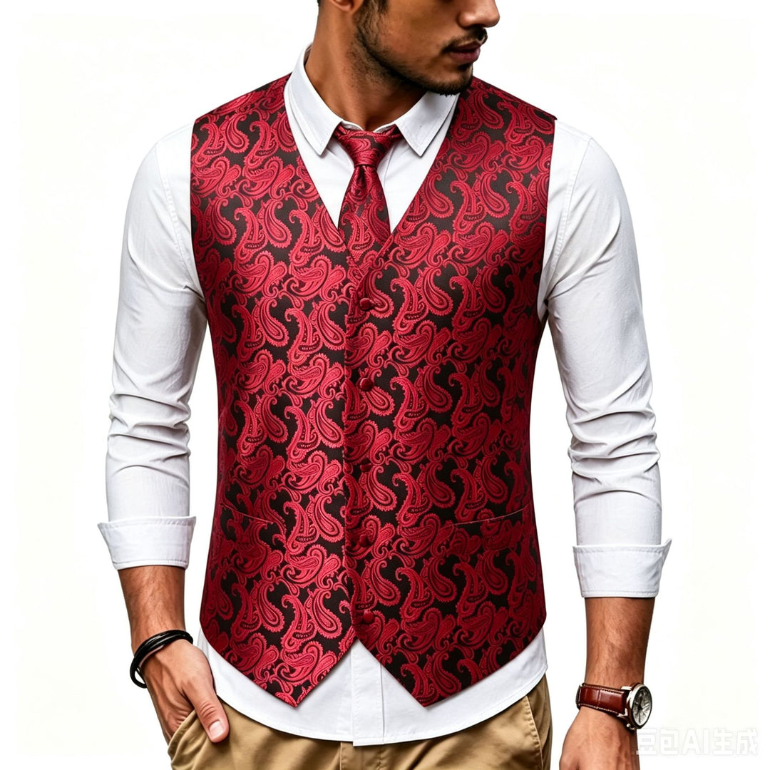 Men's Satin Jacquard Vest with Paisley Pattern and Matching Tie Mune Fashion