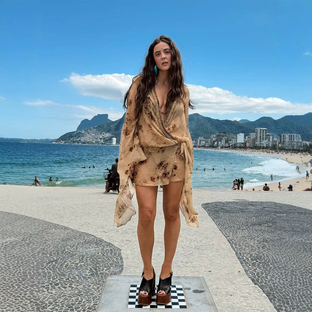 Women’s Lightweight Crinkle Tunic Set with V-Neck, Tie Belt and Mini Shorts Mune Fashion