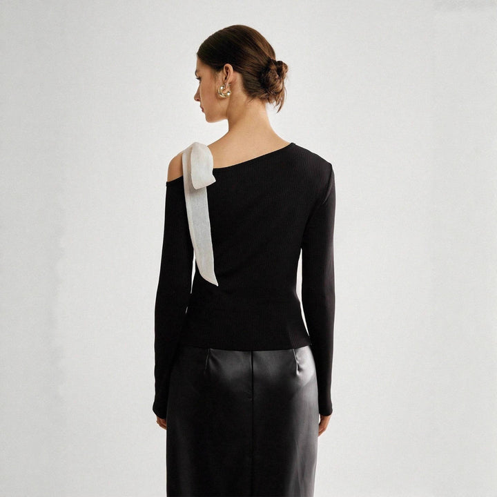 Women Asymmetric One-Shoulder Ribbed Top with Ribbon Strap Mune Fashion