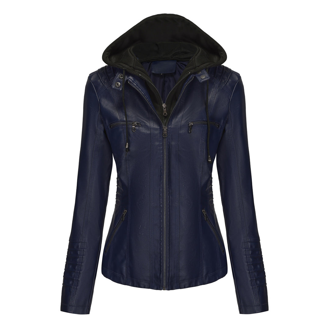 Women nan tailored faux leather jacket with hood, quilted arm flap and concealed zipper pockets Mune Fashion