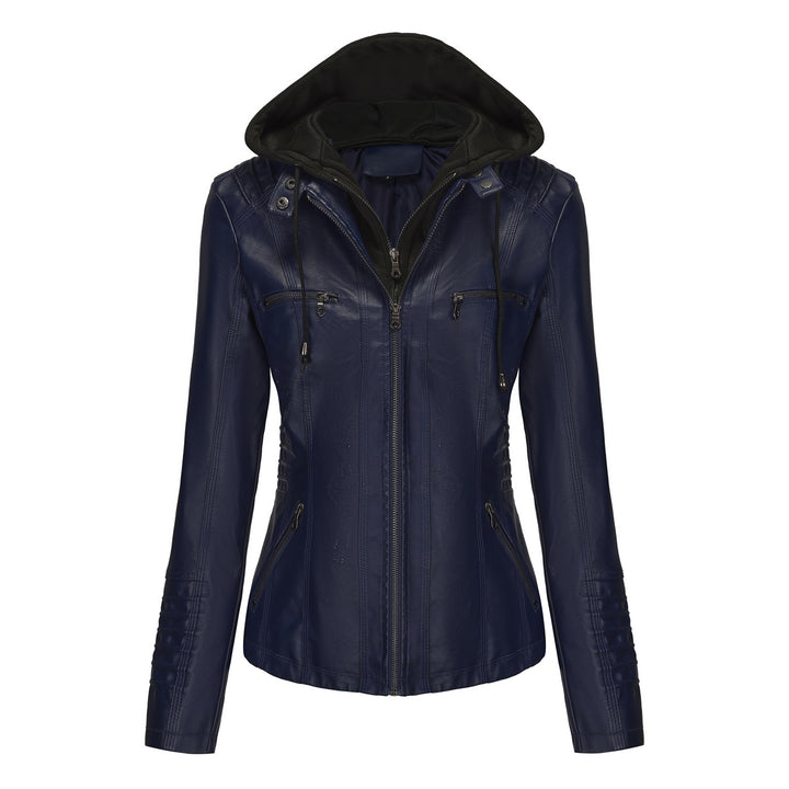 Women nan tailored faux leather jacket with hood, quilted arm flap and concealed zipper pockets Mune Fashion