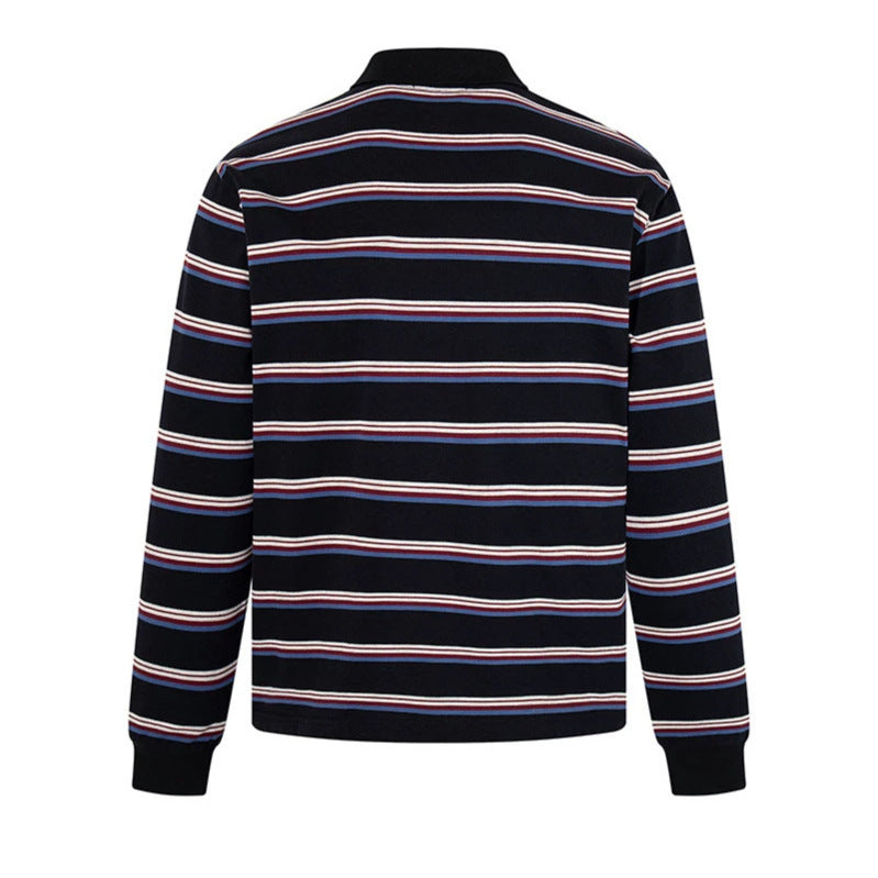 Men's Long Sleeve Polo Shirt with Retro Stripes, Ribbed Cuffs and Button Placket Mune Fashion