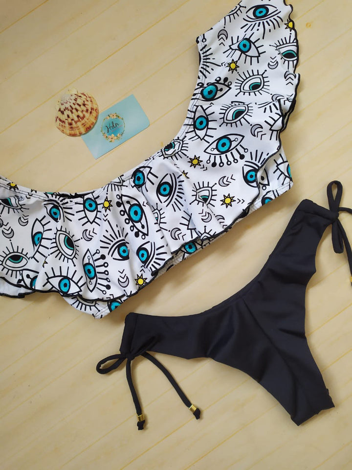 Women's Colorful Printed Bikini with Shoulder Ruffles Mune Fashion