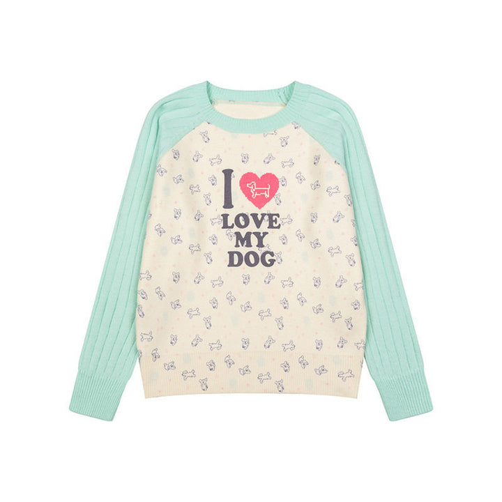 Women's knitted raglan sweater with heart dog motif, ribbed sleeves and all-over print Mune Fashion