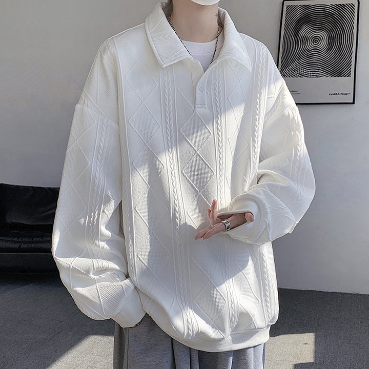 Men's Oversize Polo Knit Sweater with Diamond and Cable Knit Structure Mune Fashion