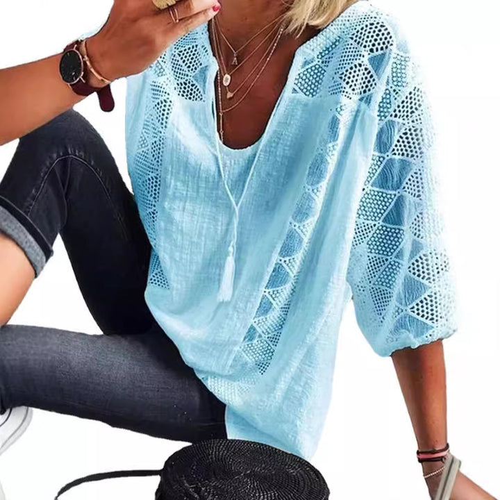 Women's airy crochet blouse with V-neck and balloon sleeves Mune Fashion