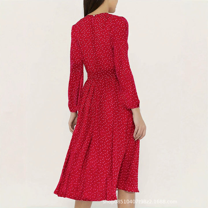 Ladies midi dress with dots, fitted tie belt and flounce skirt Drune