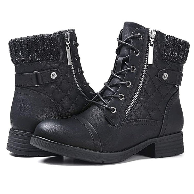 Ladies nan quilted lace-up biker boots with side zipper, padded shaft and sturdy tread sole Mune Fashion