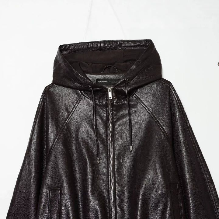 Women's Hooded Leather Bomber Jacket with Zipper, Drawstring and Elastic Hem Mune Fashion